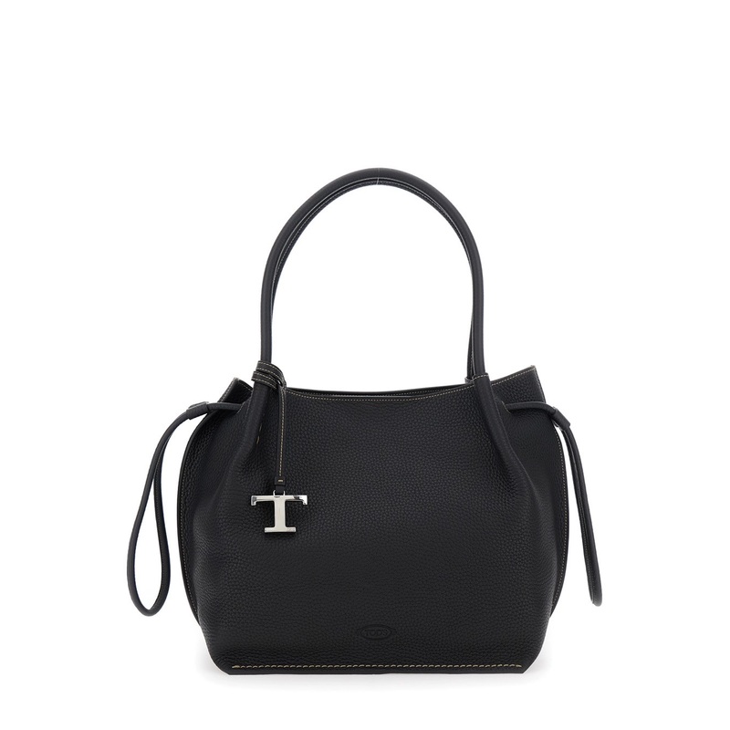 Black Shoulder Bag with Two Top Handles and Drawstring Closure in Grained Leather Woman