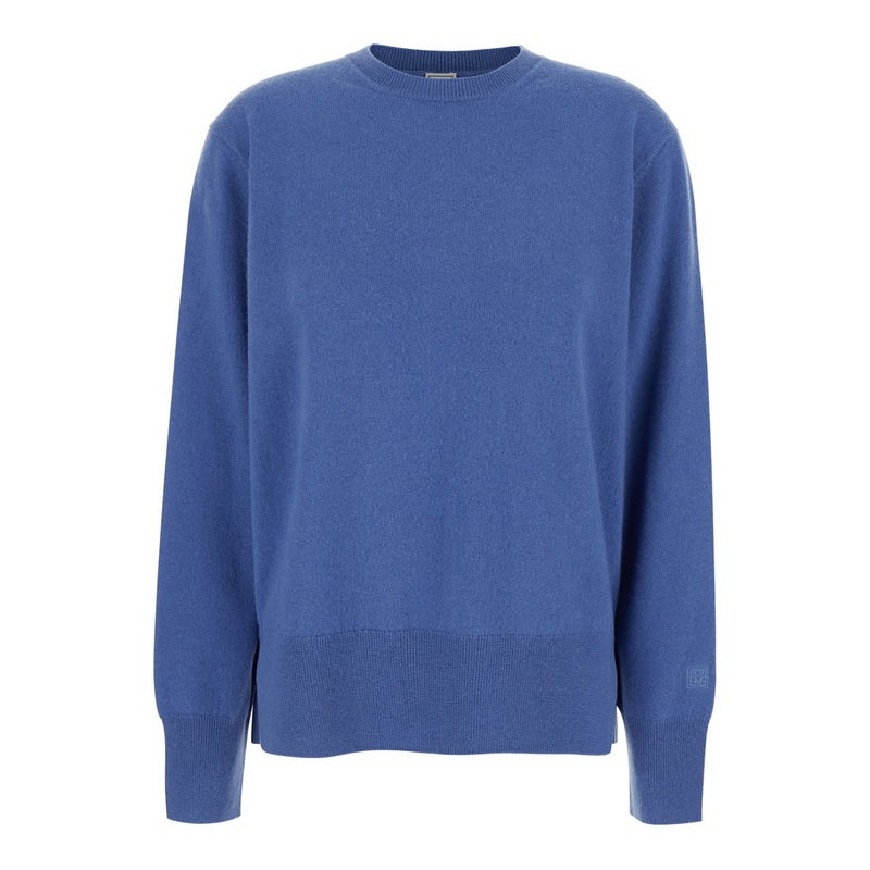 Blue Crewneck Sweater with Dropped Shoulders and Logo Embroidered on the Sleeve in Cashmere Woman