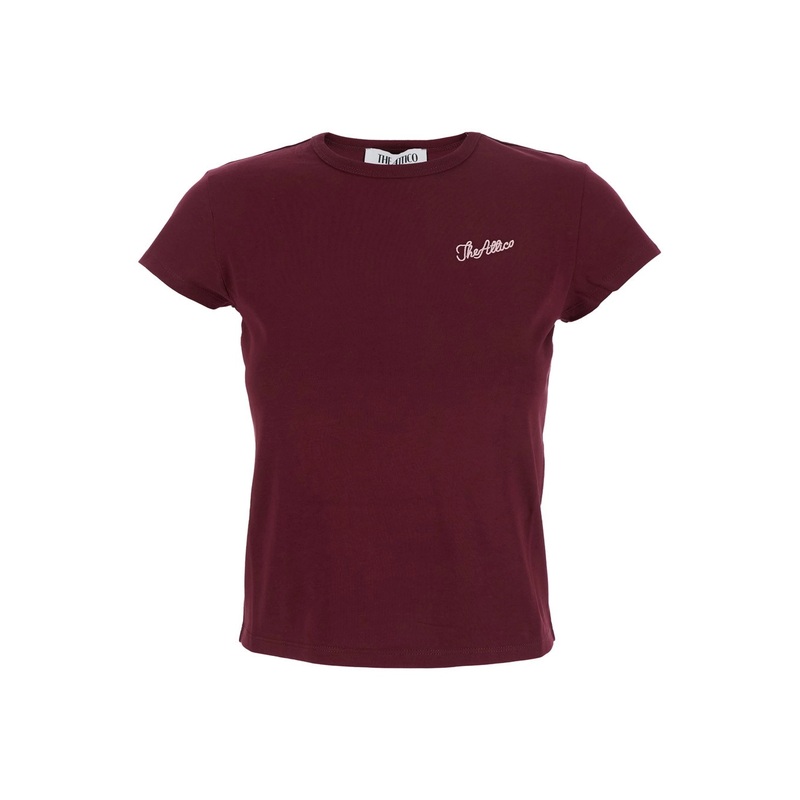 Bordeaux Crew Neck T-Shirt with Logo Lettering on the Front in Cotton Woman