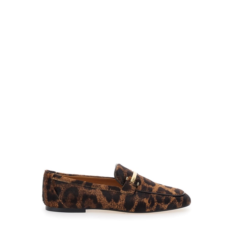 Brown Loafers with Logo Plaque on the Front and All-Over Leopard Motif in Suede Woman