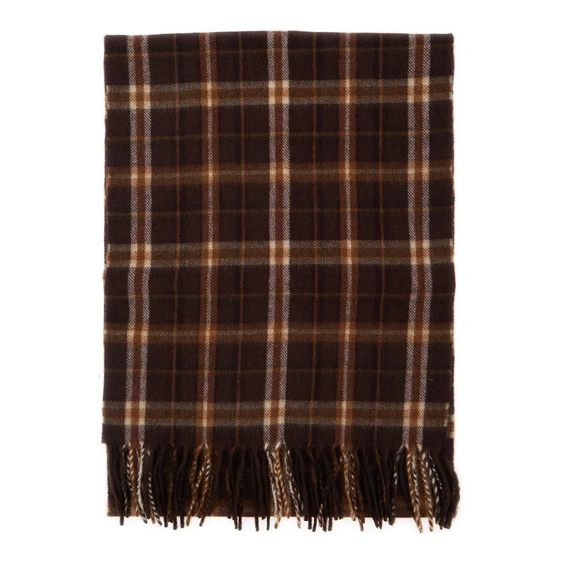 Brown Scarf with Fringed Hem and All-Over Check Motif in Cashmere Man