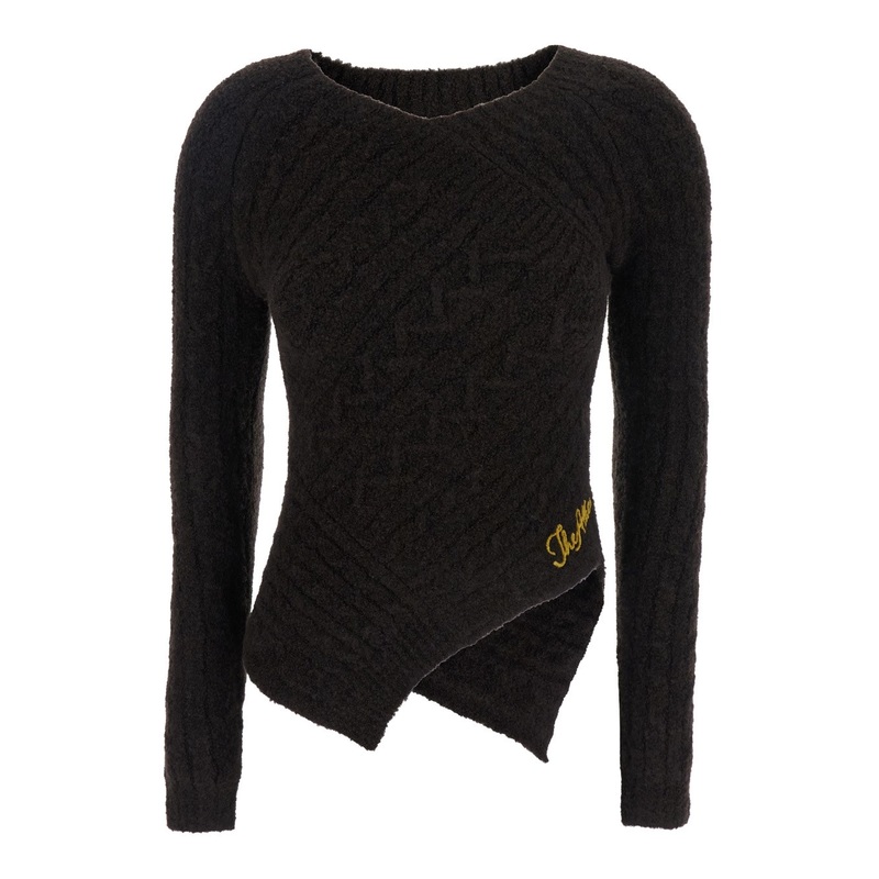 Brown Sweater with Asymmetrical Design and Logo Lettering in Wool Woman