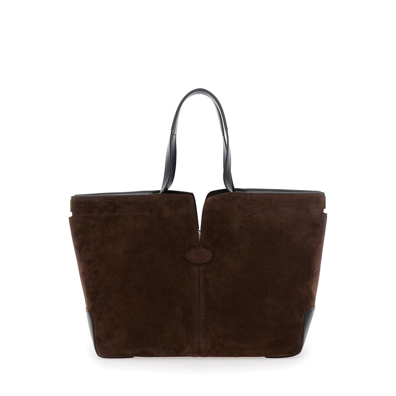 Brown Tote Bag with Two Top Handles and Metal Details on the Side in Leather Woman