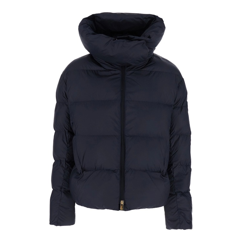 Giza Blue Down Jacket with Fixed Hood and Love Birds Diamond Cut Patch on Sleeve in Tech Fabric Woman