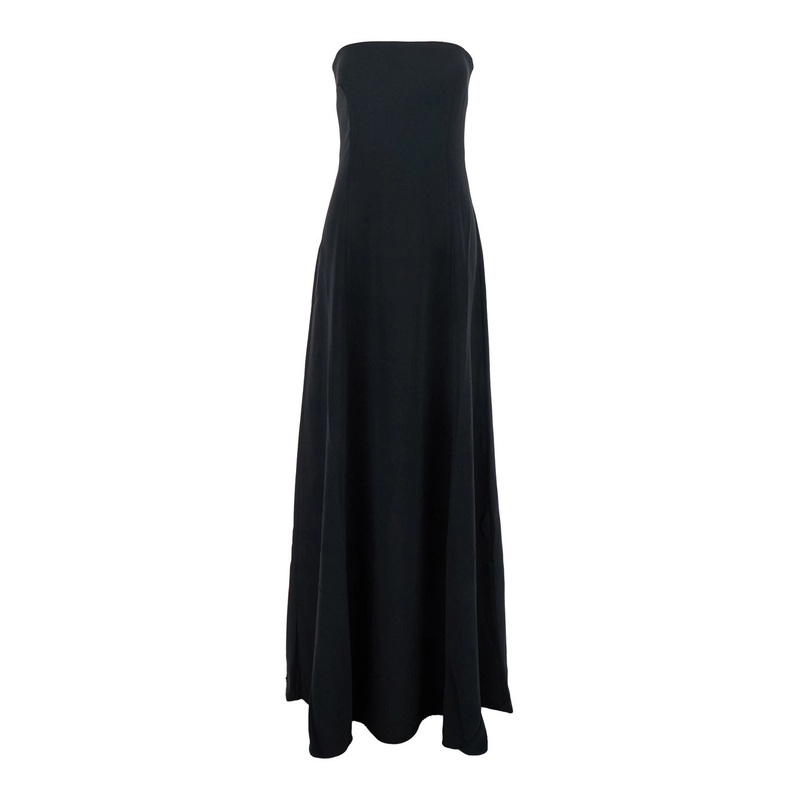 ‘Helena’ Black Long Dress with Bare Shoulder and Flared Hem in Twill Woman