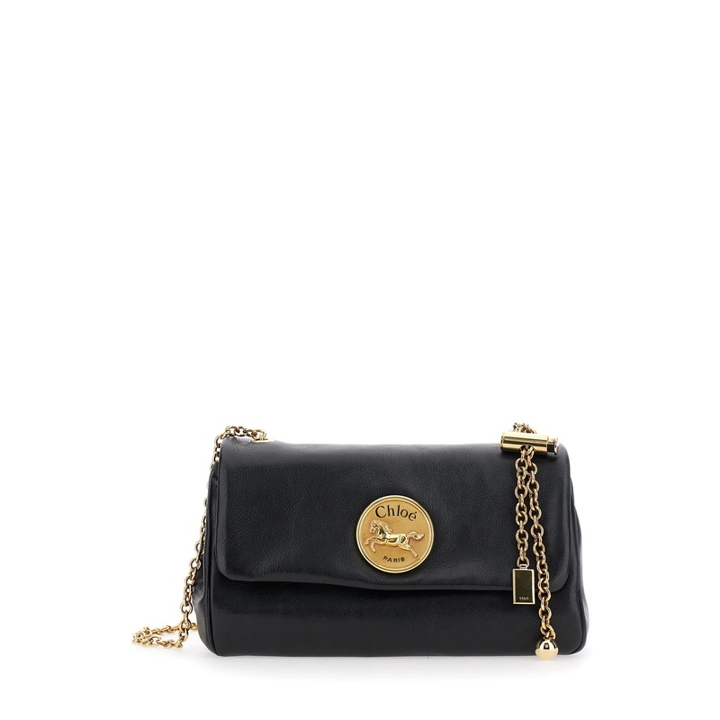 ‘Heritage’ Black Crossbody Bag with Chain-Link Shoulder Strap and Logo Plaque on the Front in Grained Leather Woman