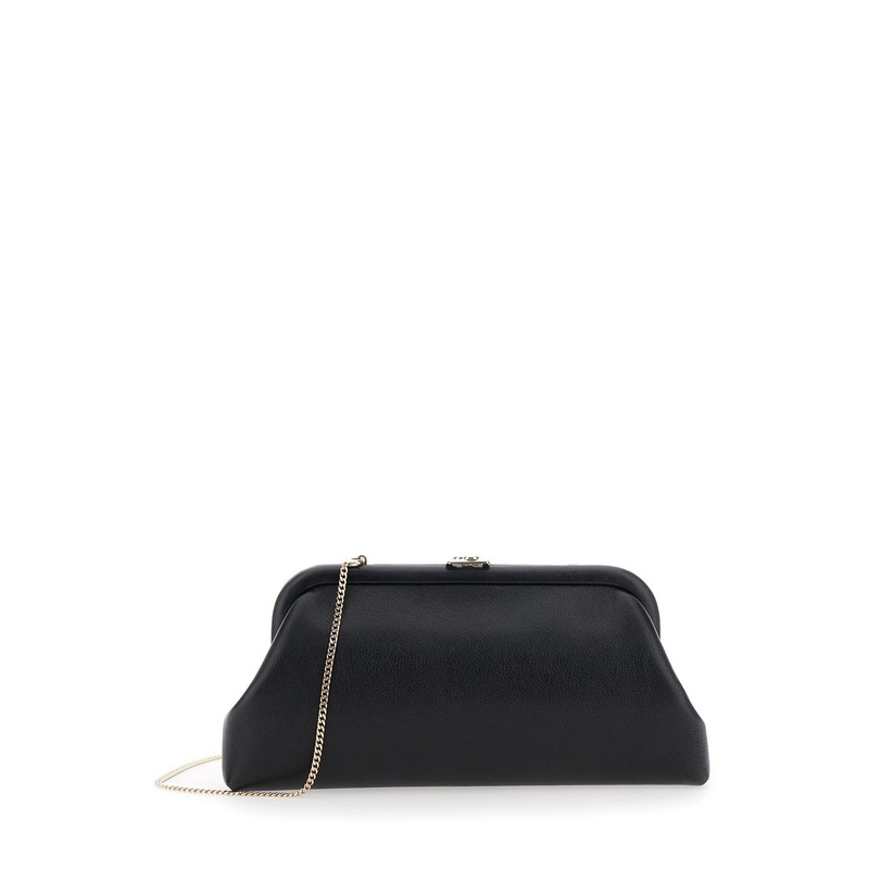 ‘Skylar’ Black Clutch with Chain-Link Shoulder Strap and Kiss-Lock Closure with Logo Plaque in Leather Woman