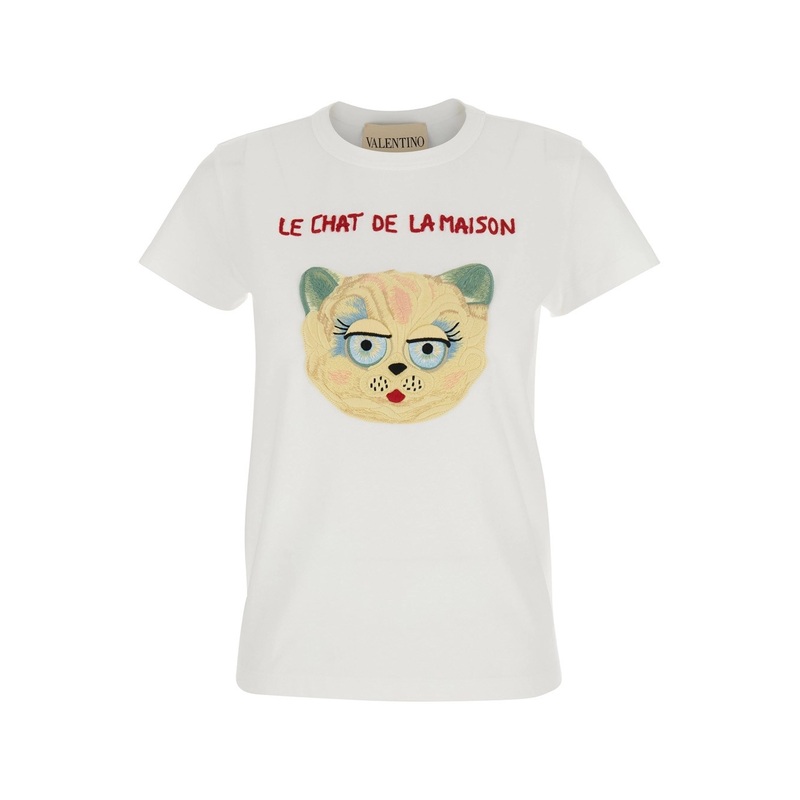 White Crew Neck T-Shirt with Front Embroidery in Cotton Jersey Woman