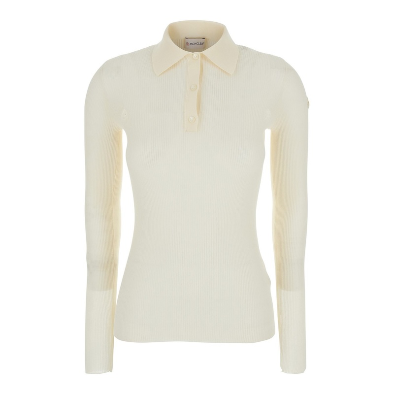 White Ribbed Polo Shirt with Logo Patch Applied on the Sleeve in Cotton Blend Woman