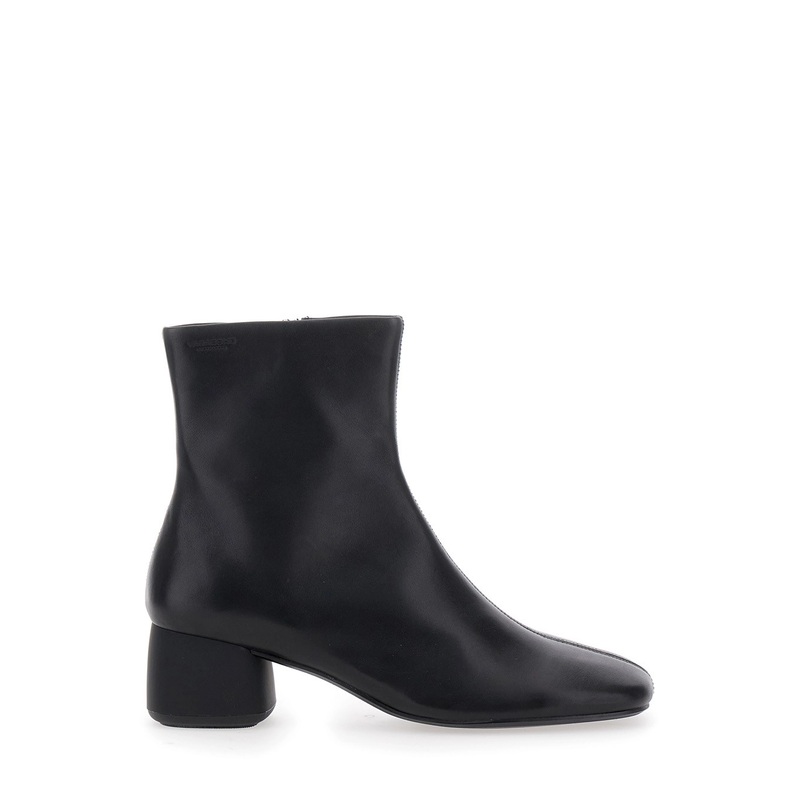 Black Ankle Boots with Low Block Heel and Side Zip Closure in Leather Woman