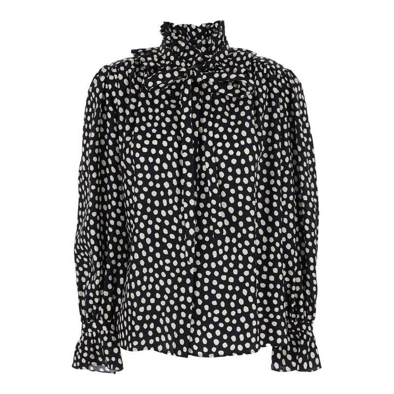 Black Blouse with High Neck and All-Over Polka Dot Motif in SIlk Woman