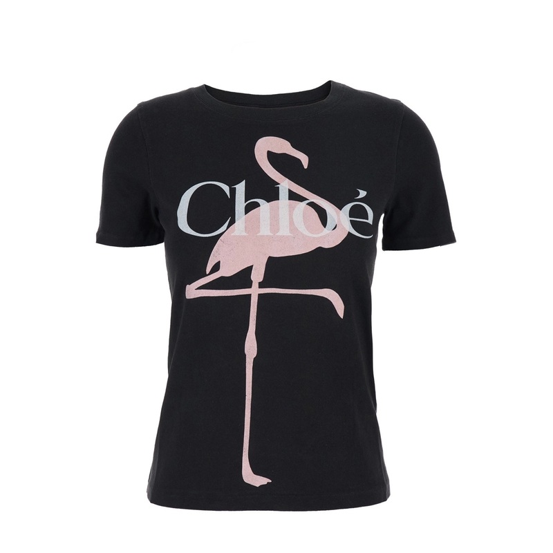 Black Crewneck T-Shirt with Maxi Logo Print on the Front in Cotton Woman