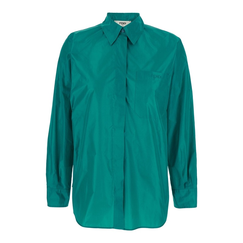 Blue Shirt with Classic Collar and Logo Lettering on the Front in Silk Woman