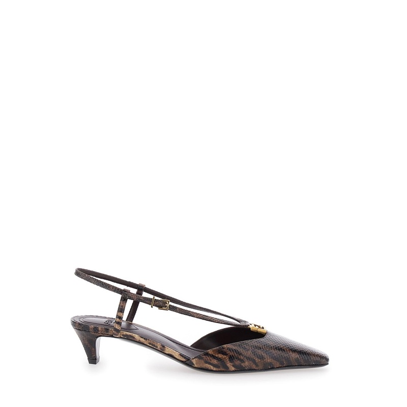 Brown Slingback Pumps with Square Toe and Animalier Motif in Leather Woman