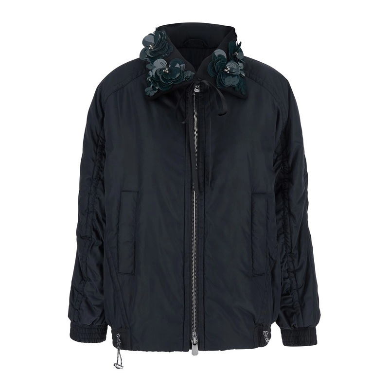 ‘Clarinda’ Blue Jacket with Removable Sequin Collar and Drawstring Waist in Tech Fabric Woman