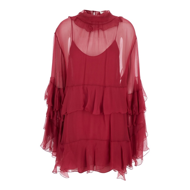 Fuchsia Crewneck Mini Dress with Ruches and Rear Button Closure in Silk Woman