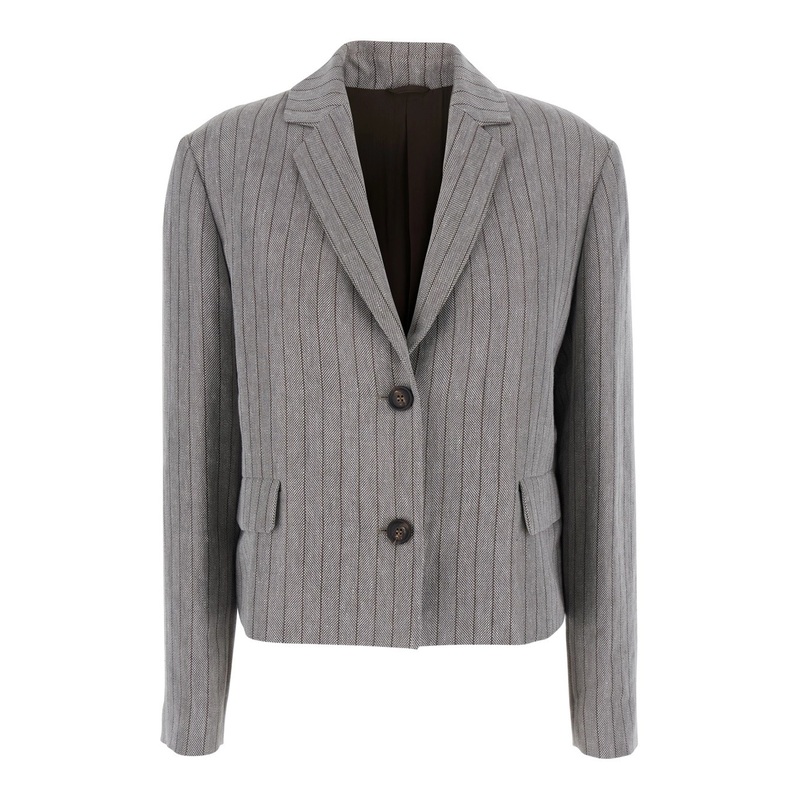 Grey Jacket with Notched Revers and All-Over Striped Motif in Linen Blend Woman