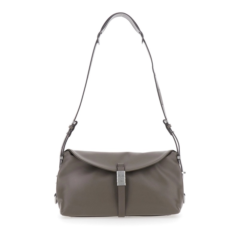 Grey Shoulder Bag with Adjustable Shoulder Strap and Logo Plaque on the Front in Leather Woman