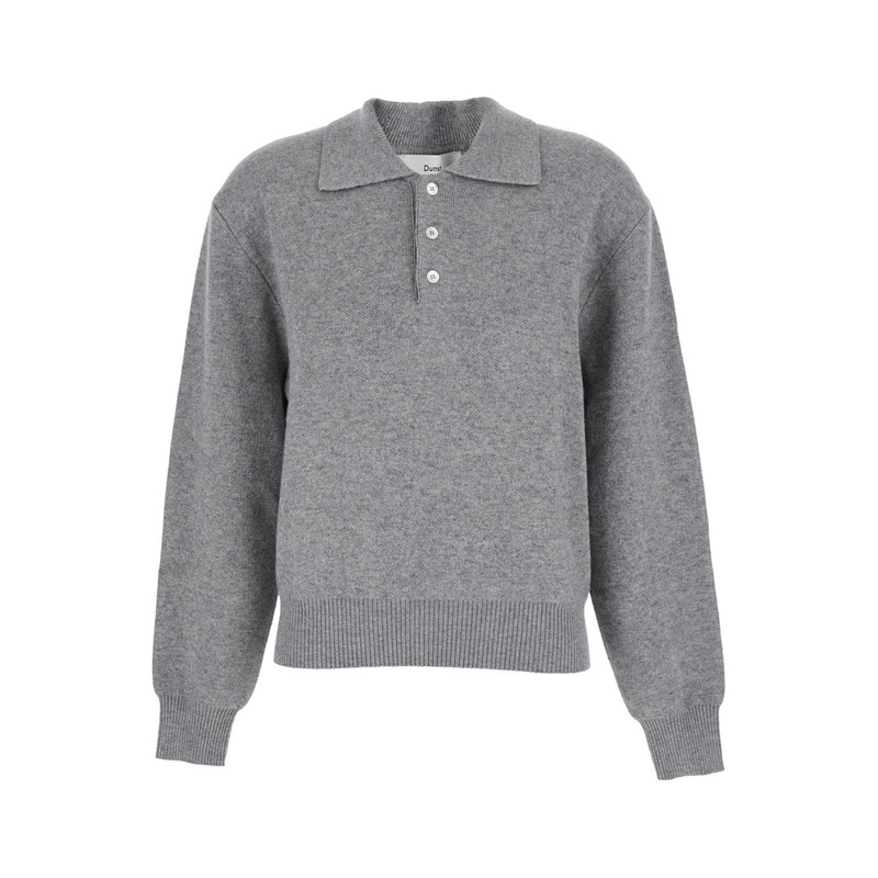 Grey Sweater with Polo Collar and Ribbed Details in Cashmere Woman