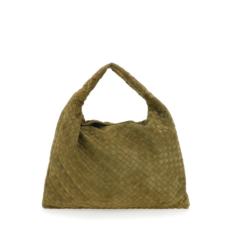 ‘Hop’ Green Large Shoulder Bag with Intrecciato Motif and Magnetic Closure in Suede Woman