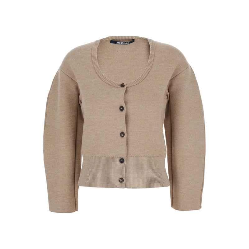 ‘Le Gilet Doppio’ Beige Cardigan with Round Neck and Ribbed Trims in Wool Blend Stretch Woman