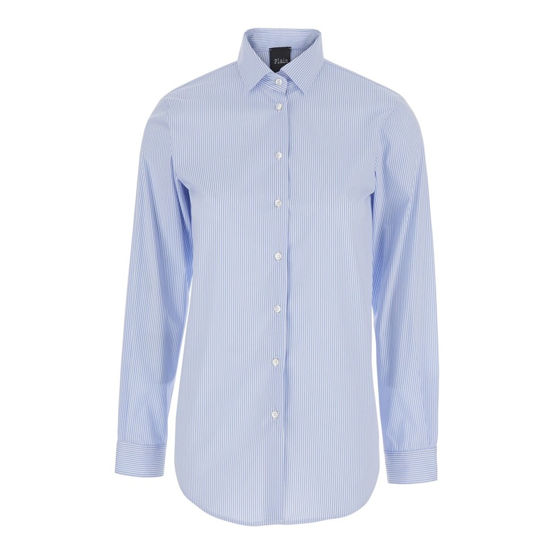 Light Blue Shirt with Classic Collar and Curved Hem in Cotton Woman