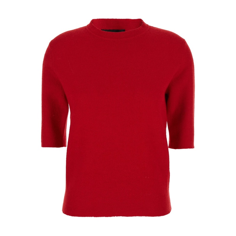 Red Crew Neck Sweater with Short Sleeves in Virgin Wool Blend Woman