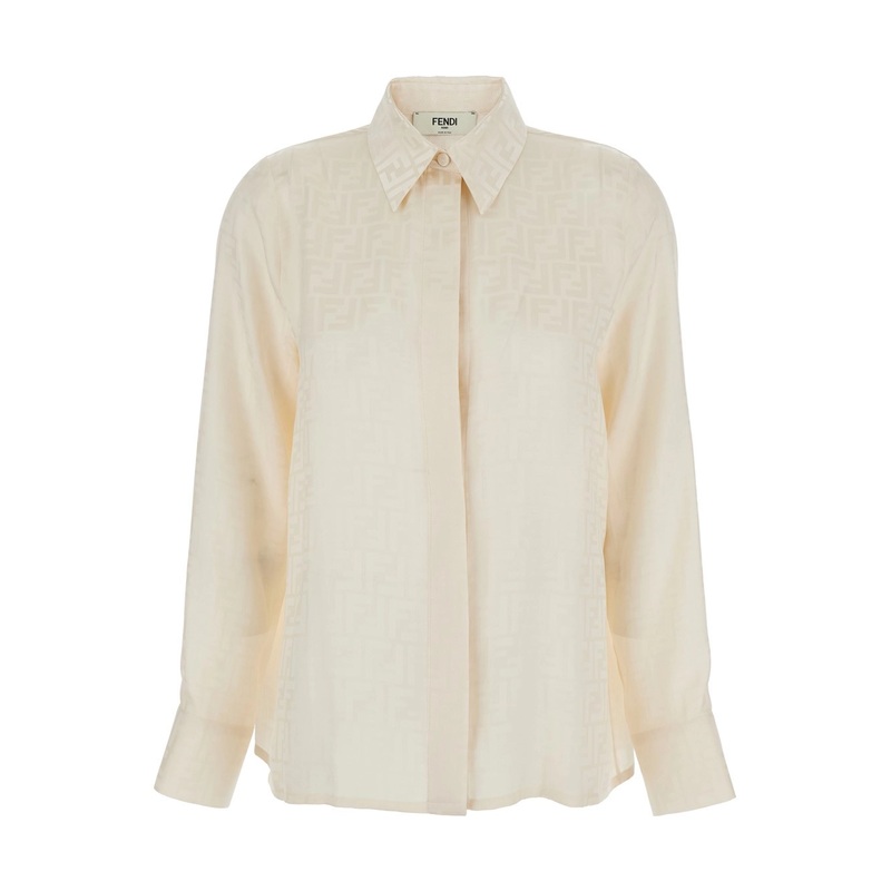 White Shirt with Pointed Collar and FF Motif in Silk Woman