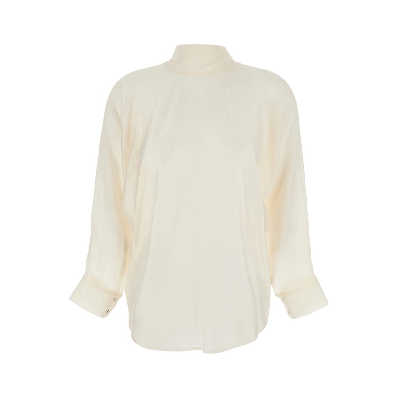 White Shirt with Pussybow Collar and Buttoned Cuffs in Fabric Woman