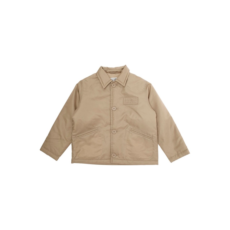 Beige Jacket with Classic Collar and Logo Patch on Front in Tech Fabric Boy