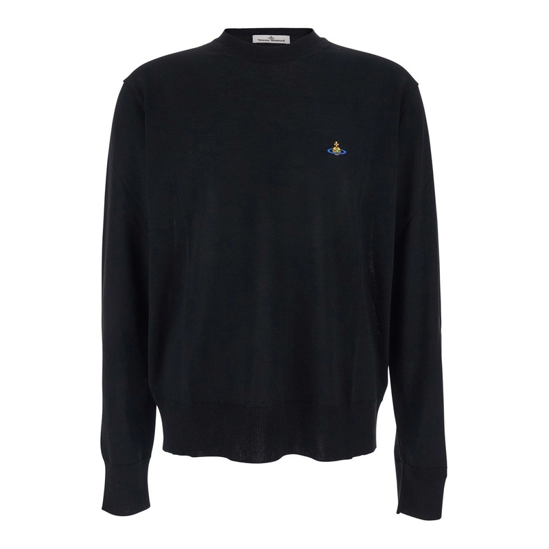 Black Crew NeckSweater with Orb Logo Embroidered on the Front in Wool Blend Man