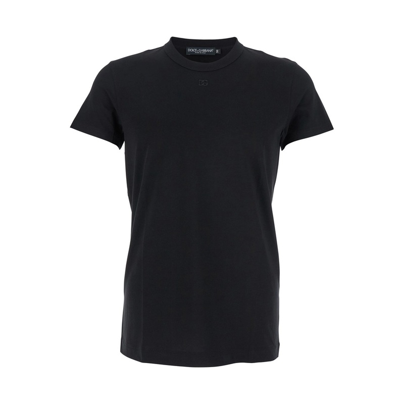 Black Crewneck T-Shirt with Tonal Logo Lettering Embroidery on the Front in Cotton Stretch Man