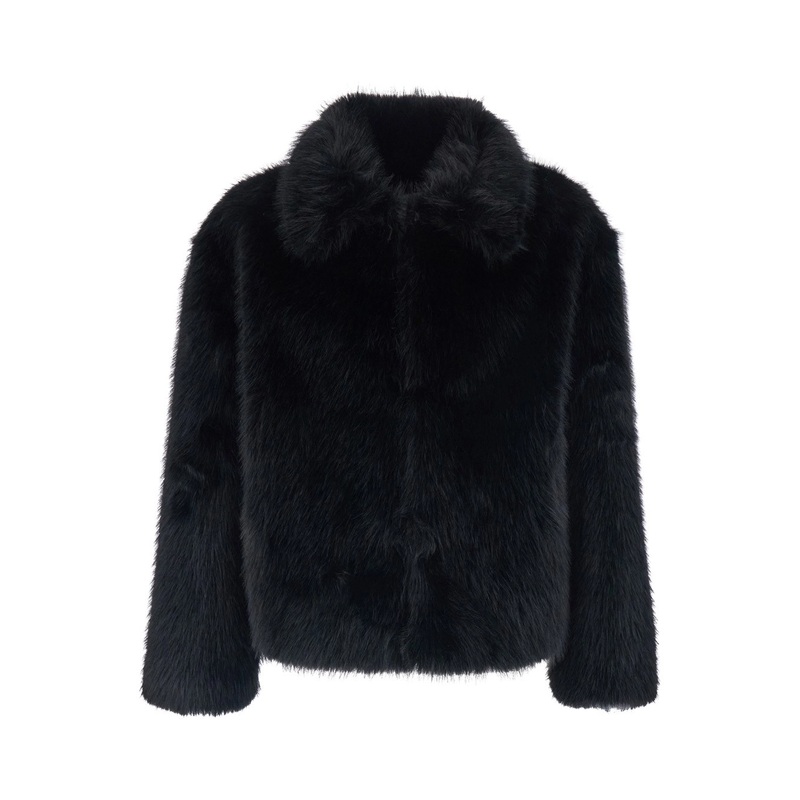 Black Jacket with Classic Collar in Faux Fur Man