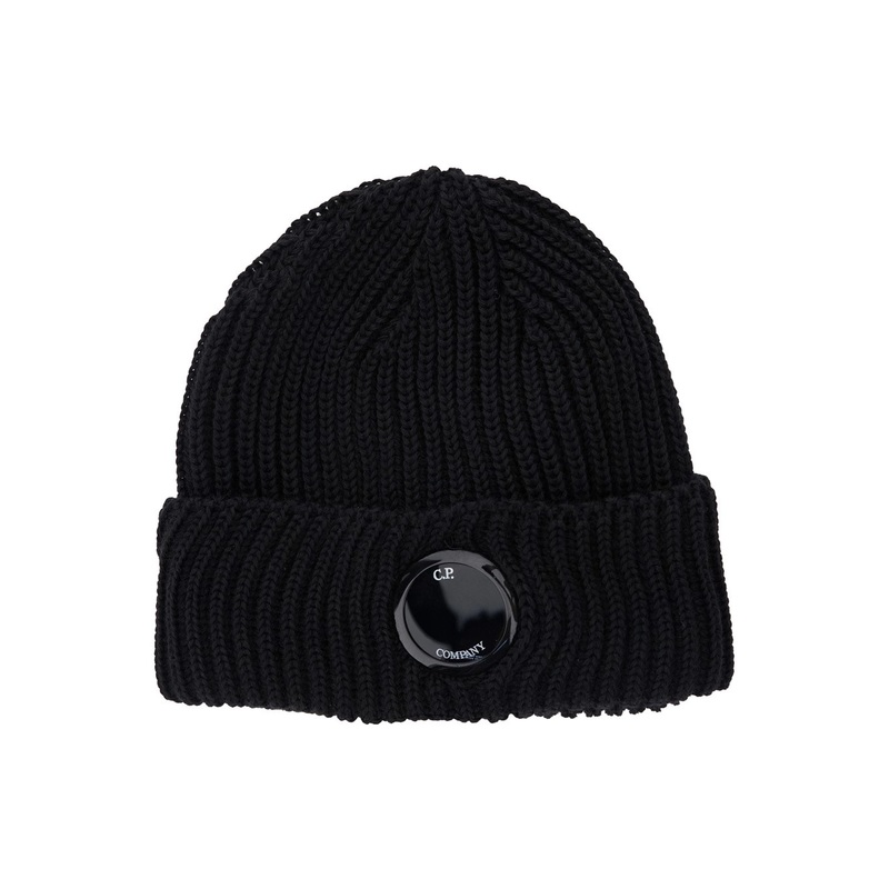 Black Knit Beanie with Logo Plaque on the Front in Wool Man