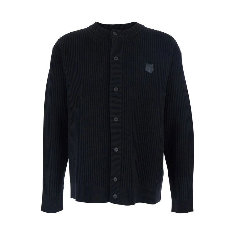 Black Ribbed Crew Neck Sweater with Front Logo Patch in Cotton Man