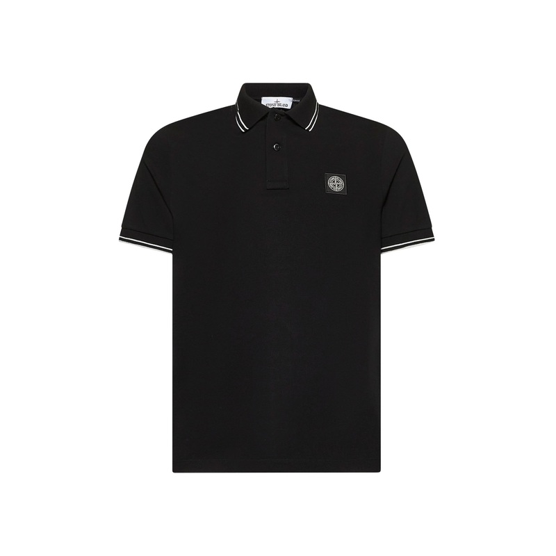 Black stretch piqu logo patch polo shirt
