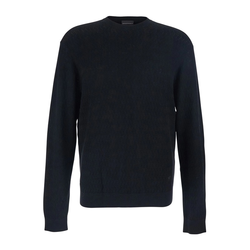 Black Sweater with All-Over Diamond Design and Front Logo in Virgin Wool Man