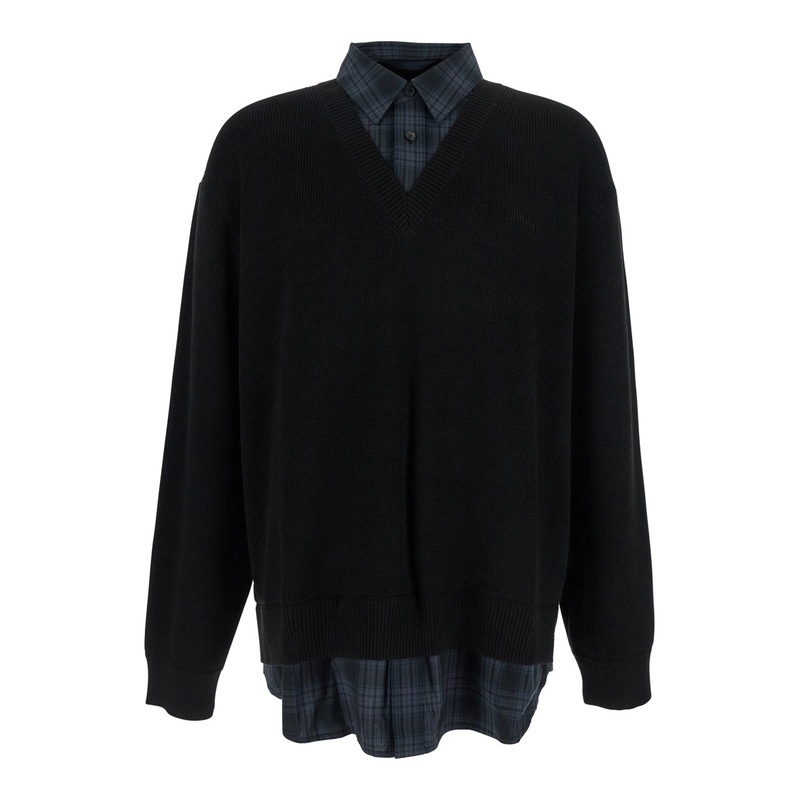 Black Sweater with Layered Design and Classic Collar in Cotton and Wool Blend Man