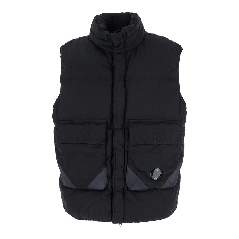 Black Vest with Mock Drawstring Neck and Logo Plaque on the Front in Tech Fabric Man