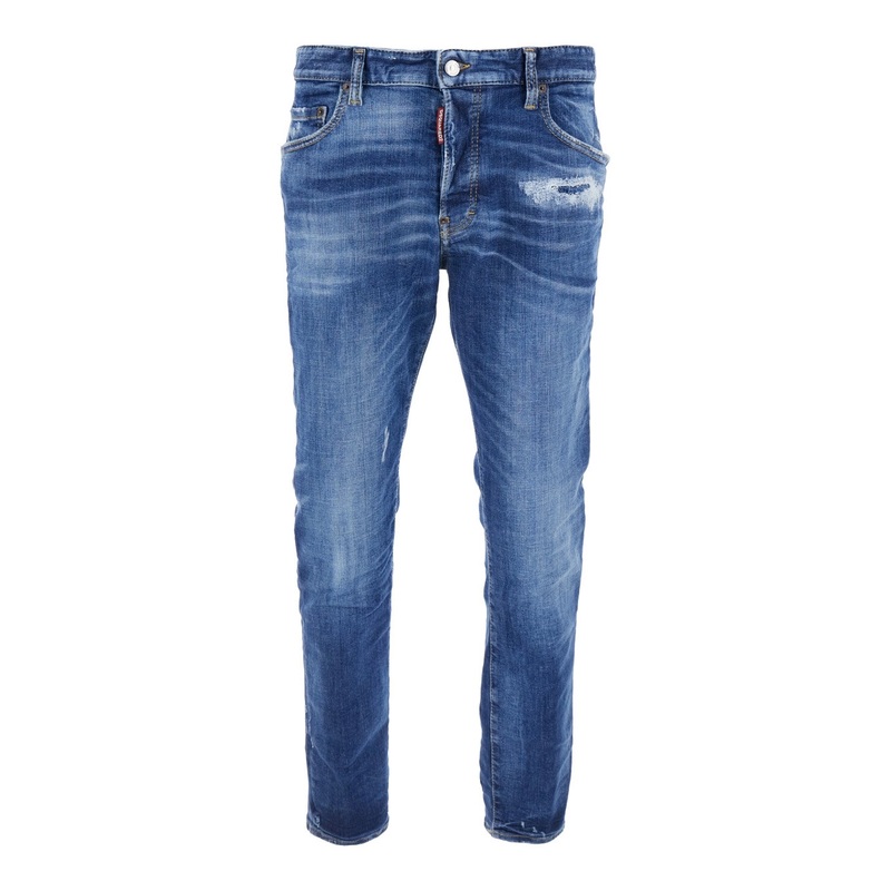 Blue Jeans with Ripped Details and Logo Patch on the Rear in Denim Man