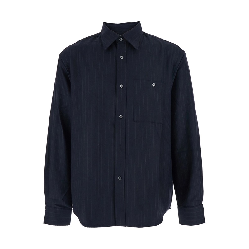 Blue Pinstriped Shirt with Pointed Collar in Wool Blend Man