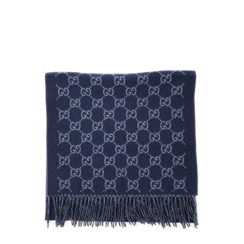 Blue Scarf with All-Over GG Motif and Fringed Hem in Cashmere Man
