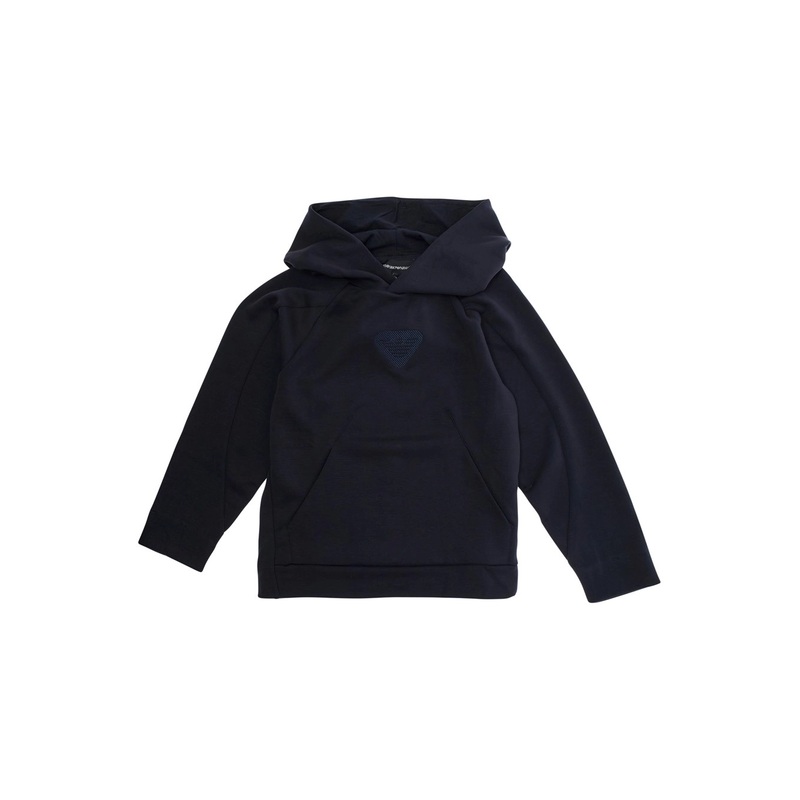 Blue Sweatshirt with Fixed Hood and Logo Detail on the Front in Tech Fabric Stretch Boy