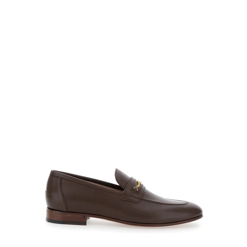 Brown Loafers with Decorative VLogo Chain-Link Strap in Leather Man