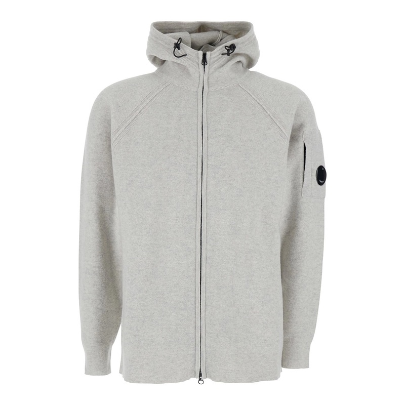 Grey Cardigan with Drawstring Hood and Logo Plaque on the Sleeve in Wool Blend Man