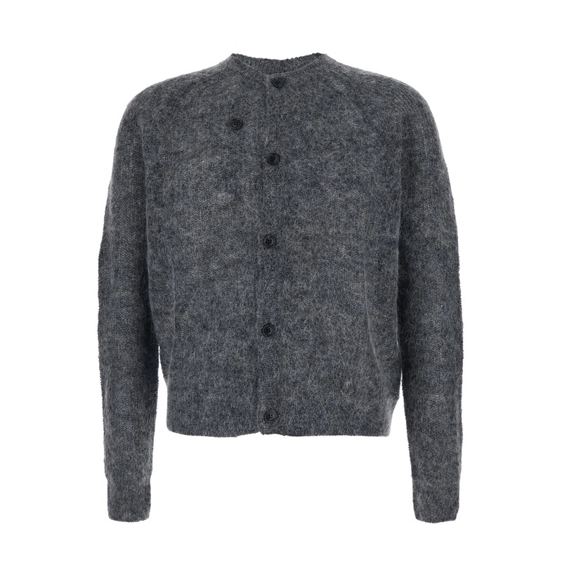 Grey Crew Neck Cardigan with Brushed Effect in Mohair and Wool Blend Man