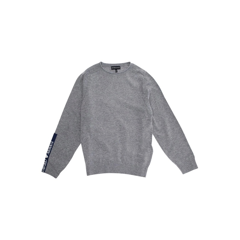 Grey Crewneck Sweater with Logo Detail on the Sleeve and Ribbed Trims in Wool and Cotton Blend Boy