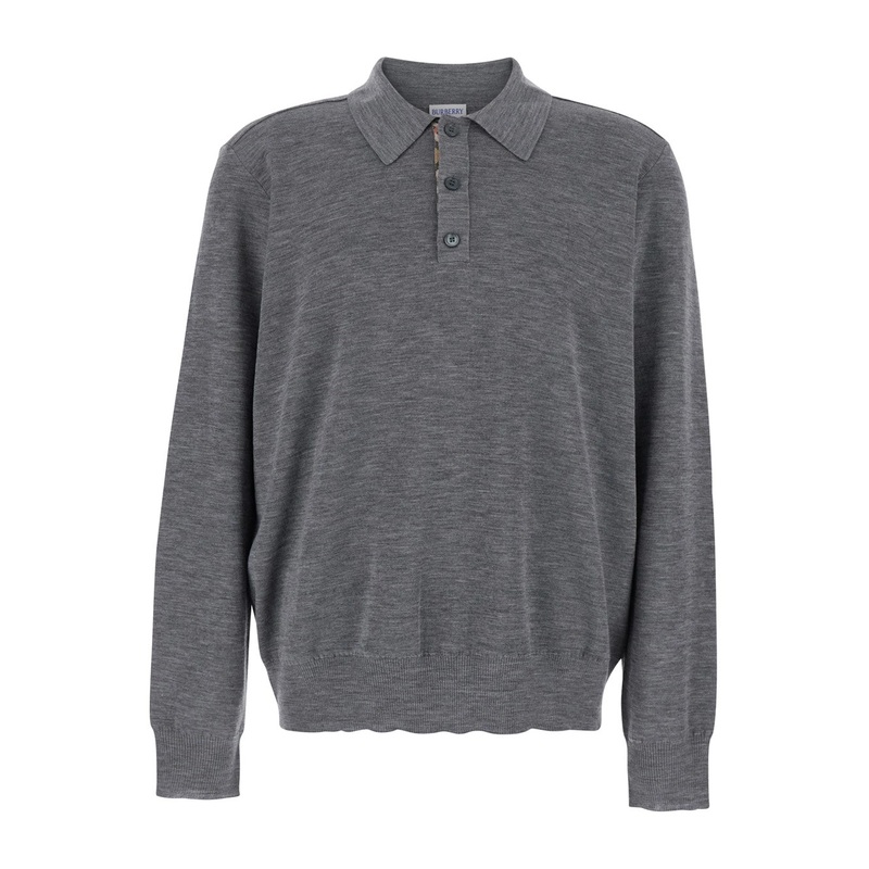 Grey Polo Shirt with Classic Collar and Check Motif on the Collar in Wool Man