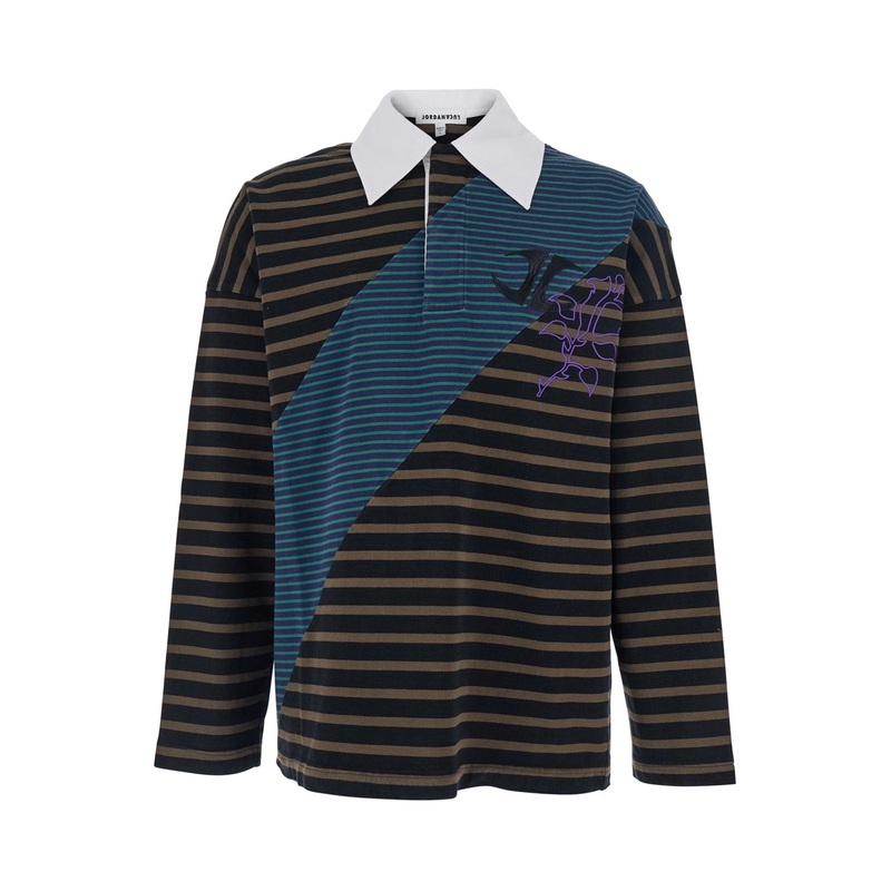 Multicolor Long-Sleeve Polo Shirt with Logo Embroidery on the Front and All-Over Striped Motif in Cotton Man