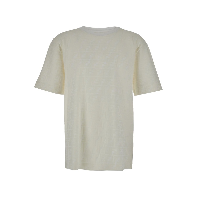White Crewneck T-Shirt with Tone-on-Tone All-Over FF Motif in Cotton Man
